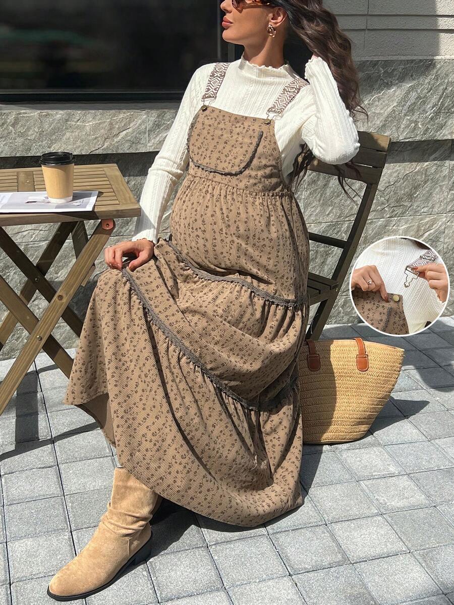 SHEIN 无袖花卉蕾丝拼接孕妇连衣裙 - 卡其色 - 查看 1