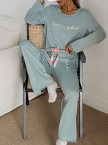 Dream Adore Bộ đồ ngủ nữ in chữ họa tiết bèo nhún màu tương phản - màu xanh lá - Xem 3