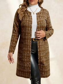 SHEIN Clasi Plus Size Women Winter Jacket, Faux Tweed Pattern Front Open Long Sleeve Coat With Pearl Buttons And Pockets - Brown - View 6