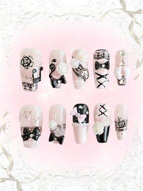 Kawaii 10pcs Cute Wing, Music Note, Star Lace Edged Polka Dot Handpainted High-Quality False Nails + 3pcs Double-Sided Adhesive, Removable & Reusable Coffin Shaped Fake Nails, Bowknot Element Nail Stickers, Suitable For Holidays, Parties, Dancing And Daily Wear