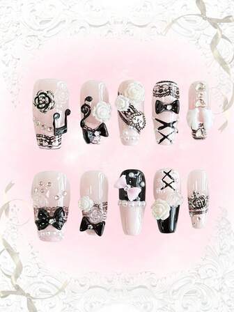 Kawaii 10pcs Cute Wing, Music Note, Star Lace Edged Polka Dot Handpainted High-Quality False Nails + 3pcs Double-Sided Adhesive, Removable & Reusable Coffin Shaped Fake Nails, Bowknot Element Nail Stickers, Suitable For Holidays, Parties, Dancing And Daily Wear