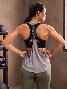 Powerista 幾何圖案露背運動背心上衣 - 灰色 - 查看 2