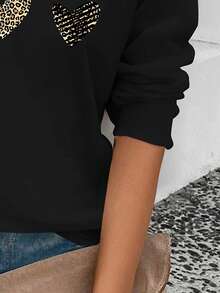 EMERY ROSE New Fashion Women's Heart & Leopard Print V-Neck Long Sleeve T-Shirt - Black - View 3