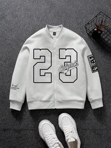 Aesthetic Post Men Front Zipper Long Sleeve Numeric Print Thermal Lined Casual Jacket - White - View 1