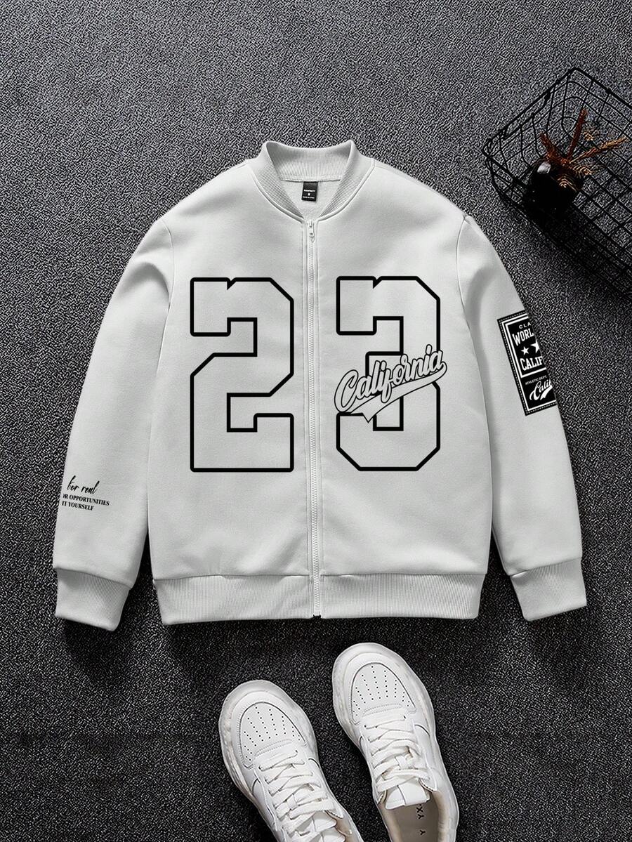Aesthetic Post Men Front Zipper Long Sleeve Numeric Print Thermal Lined Casual Jacket - White - View 1
