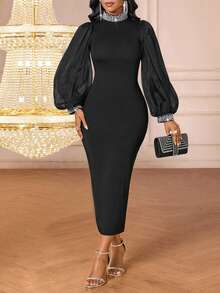 SHEIN Lady Women's Black Knitted Fitted Long Dress With Stand Collar And Sequin Embellished Puffed Sleeves - Black - View 8