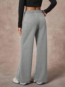 Women's Solid Elastic Waisted Drawstring Wide Leg Casual Sweatpants - Light Grey - View 2