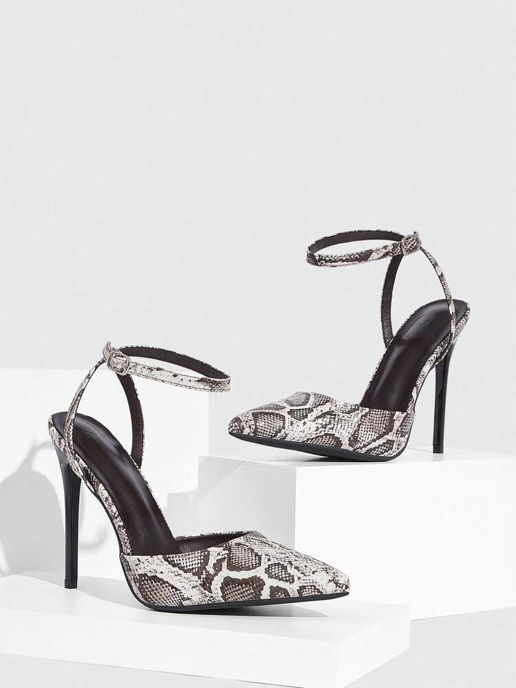 CUCCOO SZL Women's Black & White Snake Skin Pattern Pointed Toe Stiletto High Heel Sexy Party Ankle Strap Pumps For Christmas Spring Shoes