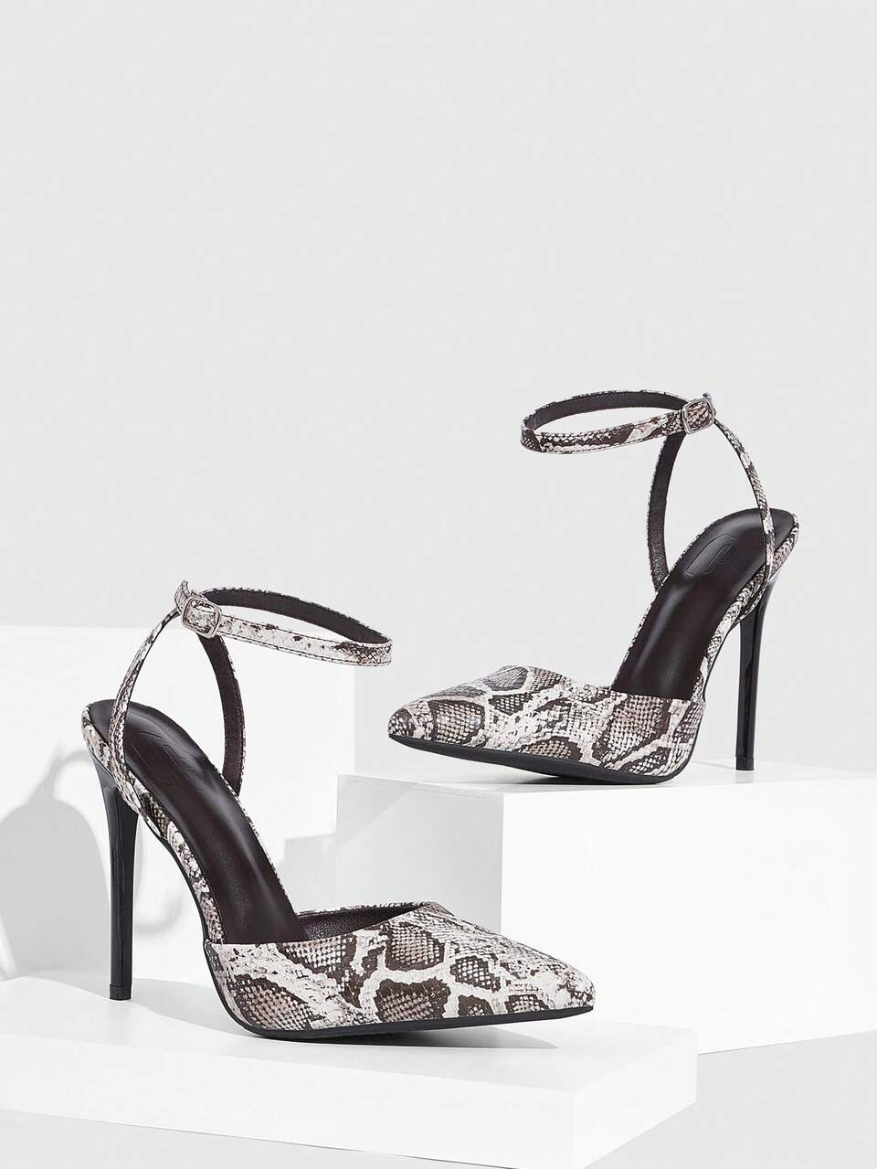 CUCCOO SZL Women's Black & White Snake Skin Pattern Pointed Toe Stiletto High Heel Sexy Party Ankle Strap Pumps For Christmas Spring Shoes