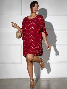 SHEIN Clasi 大码满版印花亮片拼接圆领优雅长袖连衣裙