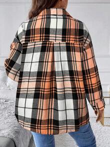 SHEIN LUNE Áo sơ mi kẻ caro tay dài dáng rộng, vai trễ, đơn hàng, túi thường ngày cho nữ cỡ lớn - Màu Cam san hô - Xem 2