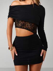 MISSGUIDED Đầm ôm body tay dài một bên vai có chi tiết ren cho những buổi tiệc tối - màu đen - Xem 5