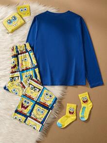 SpongeBob SquarePants | SHEIN Tween Boy Cartoon Multi-Expression Pattern Knit Crew Neck Raglan Long Sleeve Top And Loose Flame Retardant Pants Pajama Set, Autumn/Winter - Blue - View 2