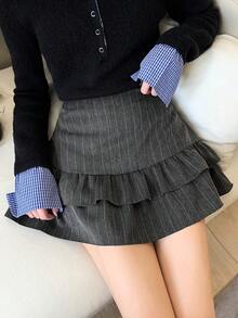 DAZY 女士条纹荷叶边休闲短裤，秋冬款 - 灰色 - 查看 5
