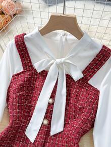 GlowEve 女士连衣裙，别致的白色衬衫搭配迷你粗花呢连衣裙，时尚休闲灵感，完美优雅，适合情人节和新年