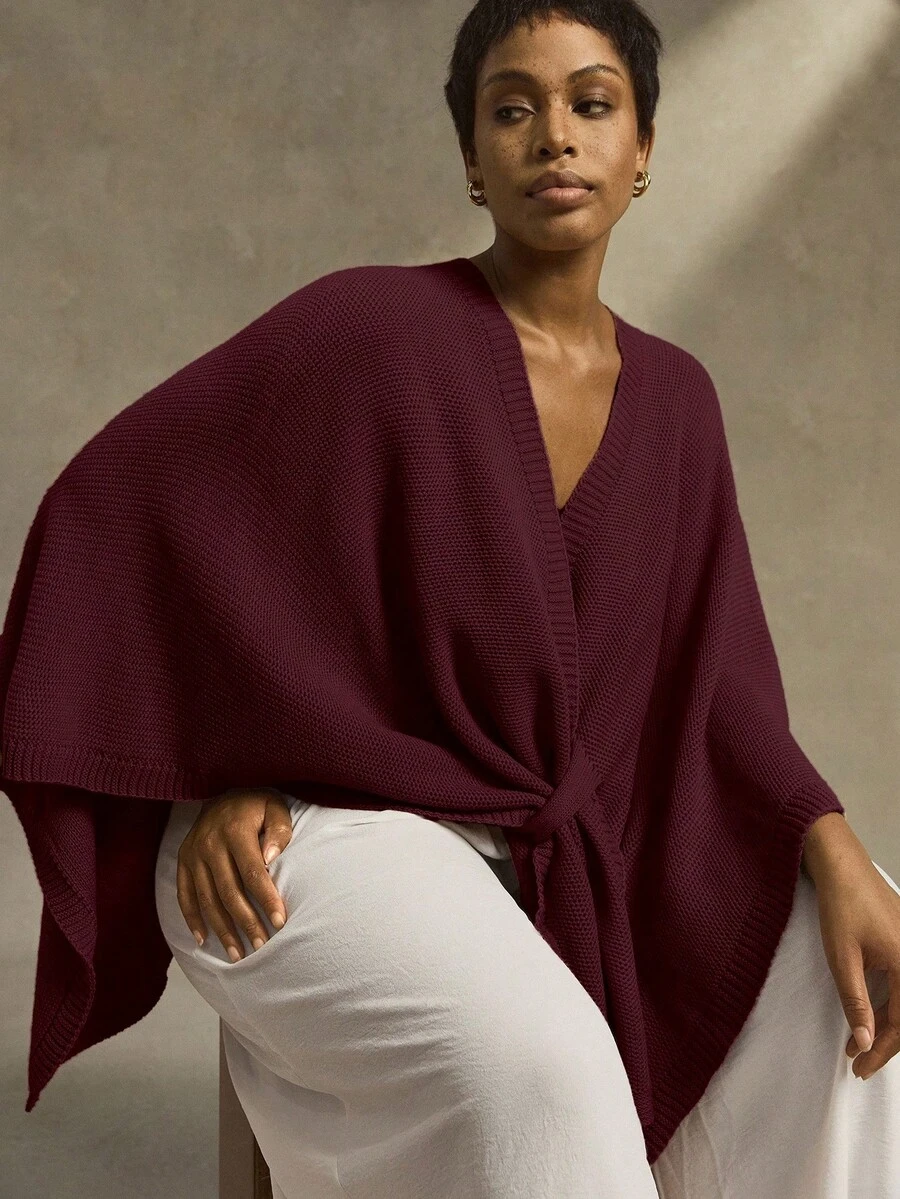 Linhara Plus Size Women Solid Color Knitted Poncho With Tie, Minimalist Elegant Cardigan For Autumn - Burgundy - View 1