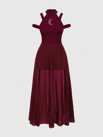 Goth Vestido de malla con abertura en el hombro y abertura lateral, estilo de verano y playa con diseño gótico de luna hueca