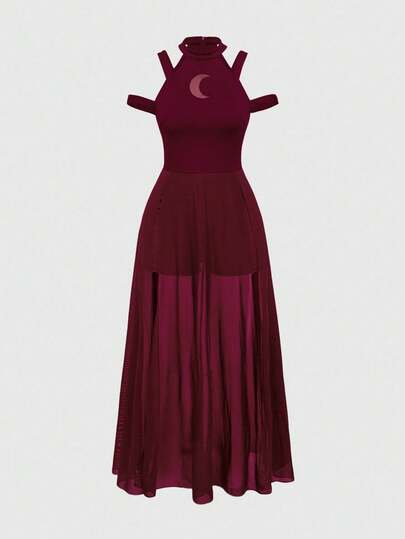 Goth Abito estivo da spiaggia e vacanza, stile gotico, con spalle scoperte, fessura e inserti in rete a forma di luna