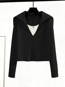 GlowEve 女士针织长袖上衣和灯芯绒衬里阔腿直筒裤两件套，休闲日常通勤时尚法式街头复古商务度假杏色秋冬家居服 - 黑色 - 查看 4