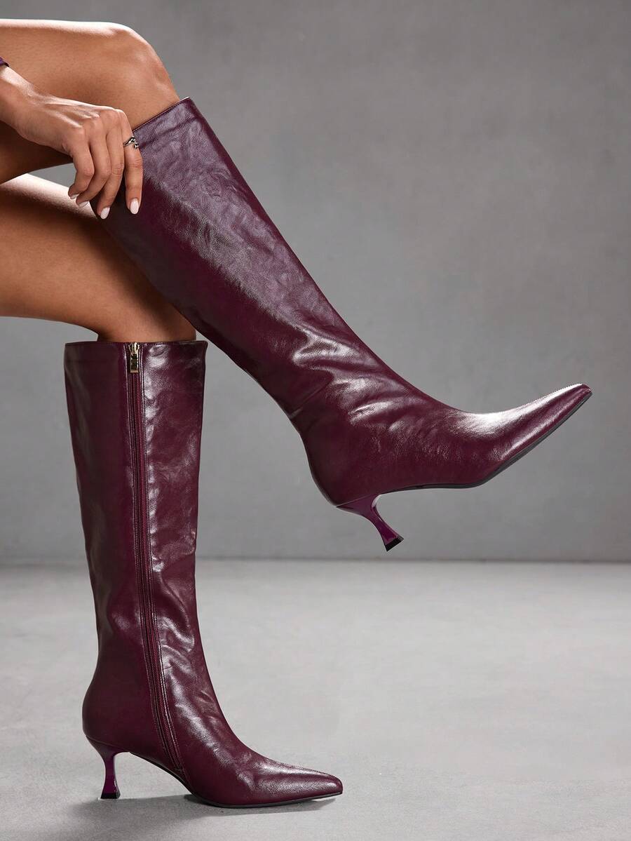 CUCCOO SZL Women's Fashion Pointed Toe Knee-High High Heel Boots For Christmas Valentine's Day - Burgundy - View 1
