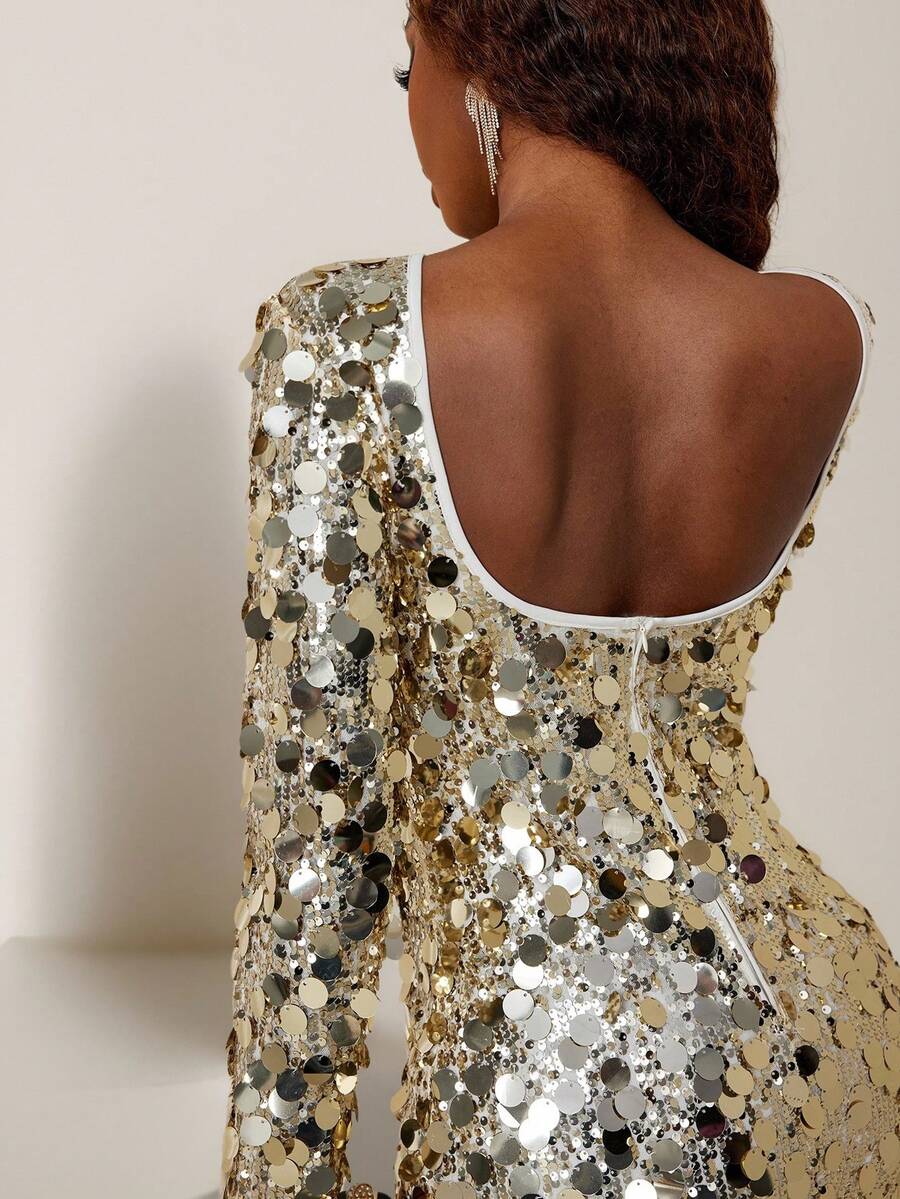 Eryvara Women's Sexy Backless Sequin Waist Fitted Dress, Suitable For Daily Wear, Festivals, Parties, Dates, Long Sleeve, Autumn/Winter Sparkly Dresses For Women Sequin Women Dresses Bling Dress Sequence Dress Sequin Dress