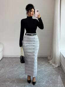 SHEIN Elenzya Chân váy Maxi len pha ren xẻ tà ngọc trai cạp cao thanh lịch, thích hợp mặc thường ngày, dự tiệc, thu đông - Đen và trắng - Xem 5