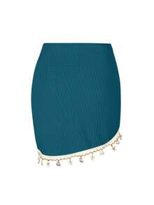 Swim Lushoire Women's Summer Beach Vacation Drawstring Ruched Starfish Shell Tassel Solid Color Special Texture Fabric Split Hem Skirt - Blue - View 4