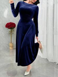 Modelyn Elegant Navy Blue Velvet Dress For Women,Autumn Long Sleeve Backless Waist Cinched New Year's Outfit,Royal Blue Dining Dress - Navy Blue - View 3