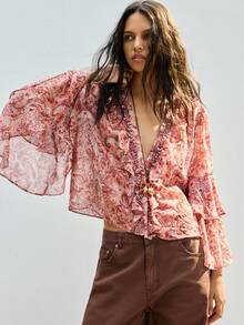 Maija Women's Casual Vacation Style All-Over Print V-Neck Flare Sleeve Loose Blouse, Spring/Summer/Autumn - Red - View 4