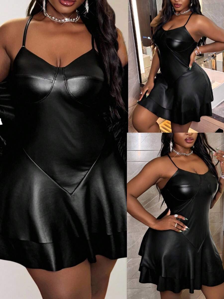 Slaydiva 大码纯色无袖连衣裙，夏季黑色皮革连衣裙，仿皮连衣裙，黑色夜店连衣裙，性感黑色连衣裙，女士魅力四射连衣裙 - 黑色 - 查看 1
