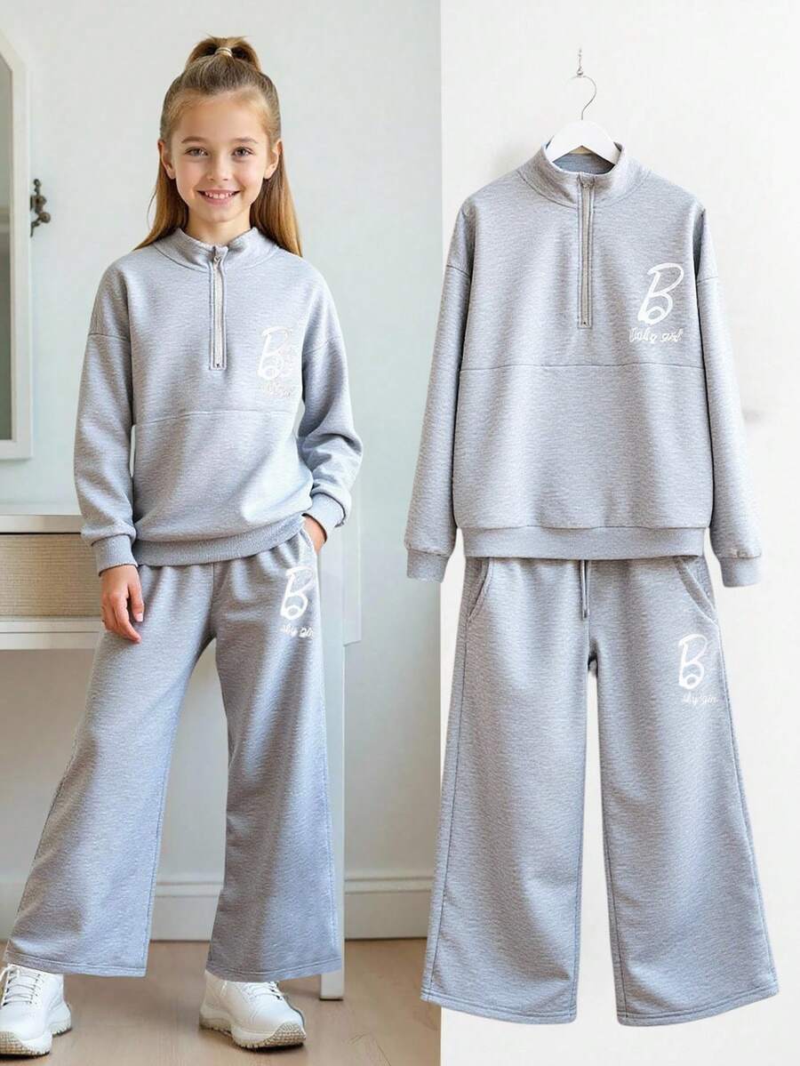 2 peças/Conjunto Moda Jovem Feminina, Top Polo de Manga Longa com Gola Levantada e Zíper, e Calça Perna Larga com Estampa de Letra, Adequado para Uso Diário, Escola, Compras, Esportes e Mais