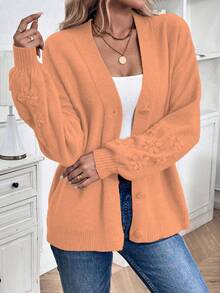 SHEIN LUNE New European & American Style Loose Casual Oversized Knitted Floral Pattern Cardigan Sweater For Women, Autumn/Winter - Orange - View 4