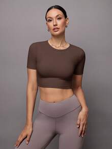 Activina Women's Solid Color Round Neck Short Sleeve Backless Cropped Fitted Sports T-Shirt Open Back Gym Top Brown Workout Top - Coffee Brown - View 3