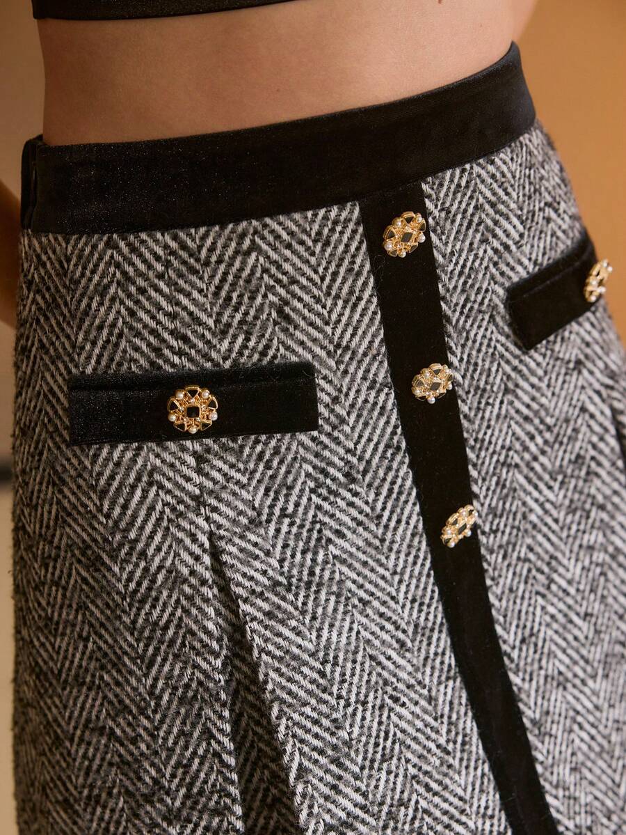 MOTF PREMIUM TWEED & VELVET PATCHWORK PLEATED MINI SKIRT, AUTUMN/WINTER - Grey - View 2