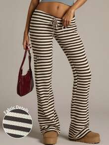 Aloruh Women's New Brown & White Striped Knit Low-Waist Pants - Autumn/Winter Vacation & Beach Style Breathable, Elegant, And Versatile For Casual Daily Wear, Commuting, Home, Layering, Dates, And Holiday Getaways. Perfect For Fall And Winter Lounging Or Seaside Walks.,Fall,Fall Clothes For Women,Women's Winter Clothes - Multicolor - View 1