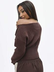 BABYPHAT Jersey de punto acanalado con hombro asimétrico y bordado de logo, manga larga, casual para otoño e invierno - Marrón - Ver 2