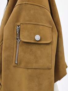 BABYPHAT Oversized Suede Bomber Jacket With Cat Embroidery Zip Front Ribbed Cuffs Fall Winter Outerwear - Brown - View 8