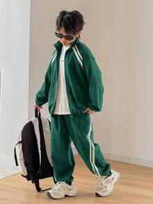 SHEIN 2pcs Tween Boy Casual Korean Style Loose Fit Jacket With Stand Collar & Drawstring Pants Set, Suitable For Autumn/Winter Athleisure