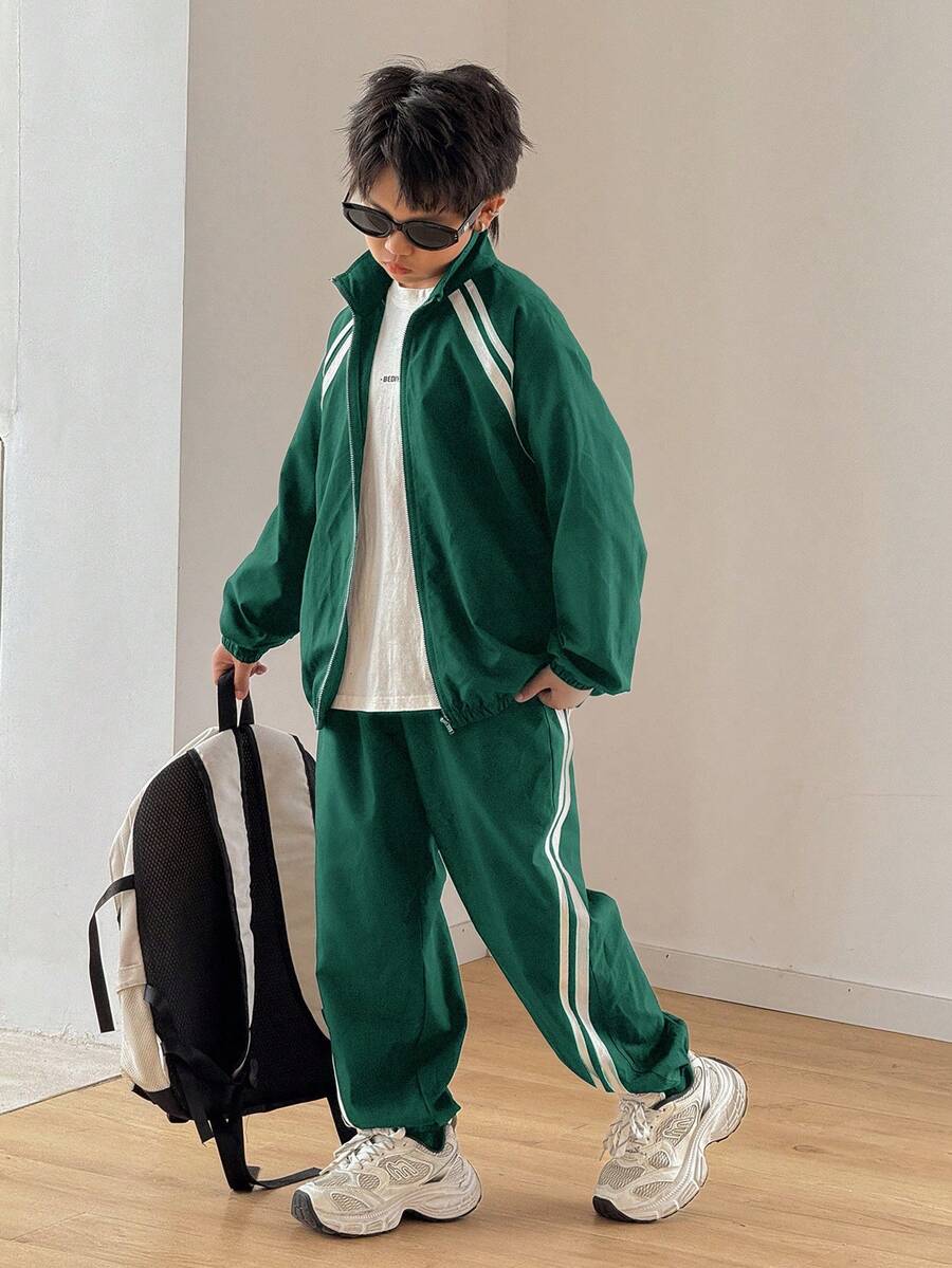 SHEIN 2pcs Tween Boy Casual Korean Style Loose Fit Jacket With Stand Collar & Drawstring Pants Set, Suitable For Autumn/Winter Athleisure