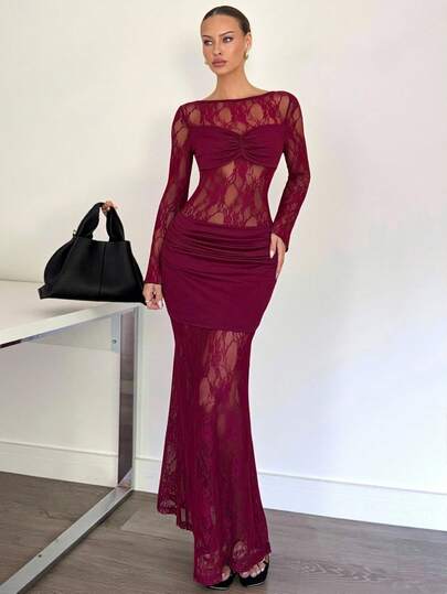 Chiquease Sexy Sheer Lace Long Sleeve Contrast Mesh Backless Dress For Women See Through Dress Mesh Maxi Dress Long Sleeve Formal Dress Tight Long Dress Sexy Long Dress