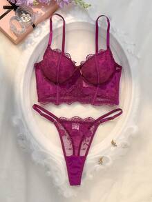 2pcs/Set Women's White Romantic Long Bra Lingerie Set Transparent Lingerie Valentine's Sexy Lace Lingerie Set Lace Lingerie Set Butterfly Lingerie Set Moo Moo Custom Lingerie Set Gaine - Purple - View 3