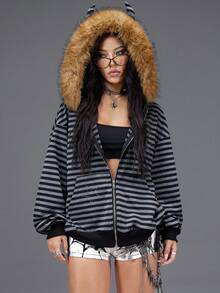 Bloopia Women's Striped Little Devil Faux Fur Collar Zip-Up Jacket - Black - View 3