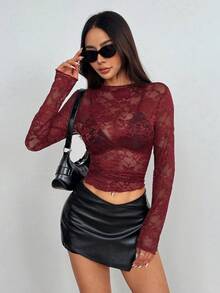 EgrlEra Tall 女士性感透明蕾丝短款上衣