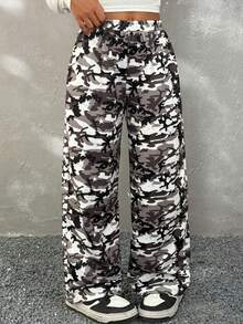 Coolane Kids Pantalones anchos con estampado de camuflaje y cordón en la cintura para niñas preadolescentes, ropa para padres e hijos - Gris - Ver 4