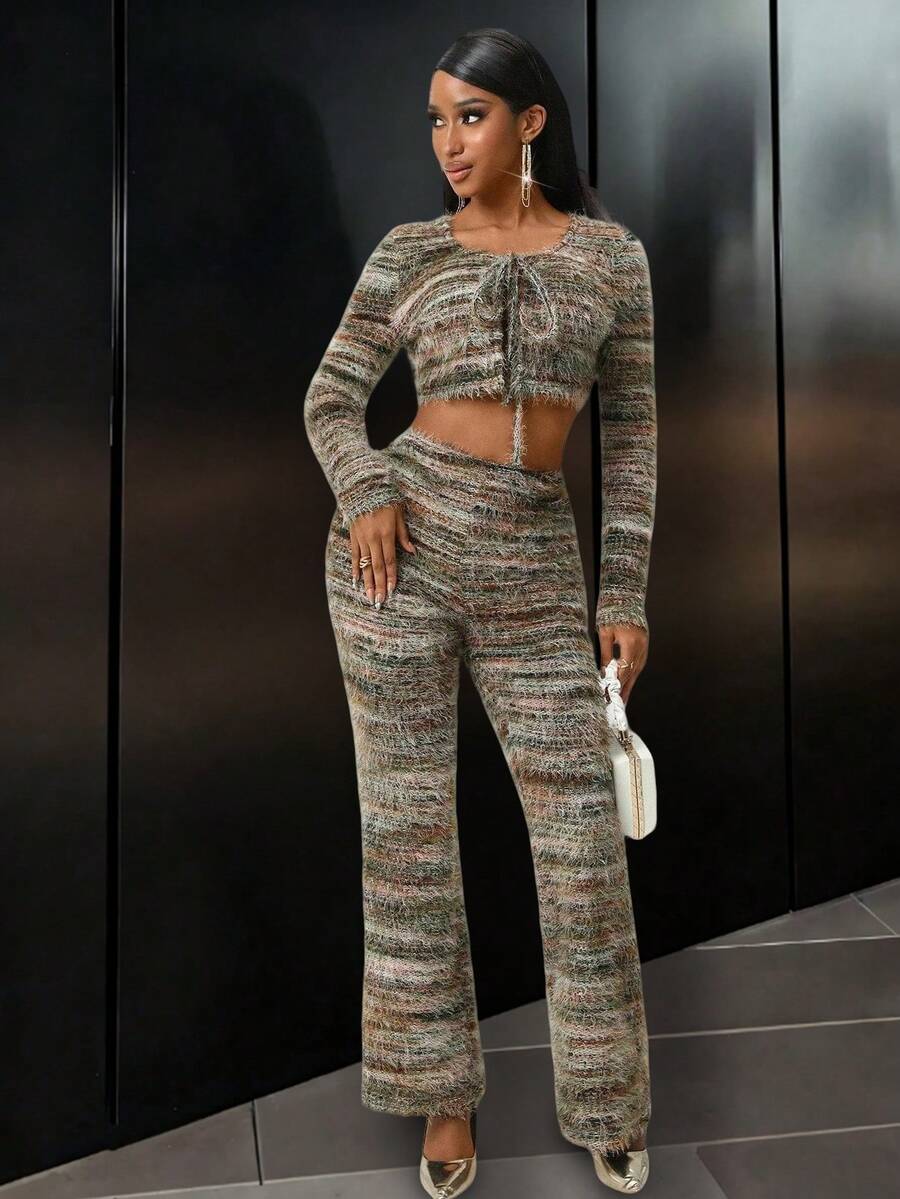 Lureya Autumn/Winter Sexy, Gentle, Night Out Style 2-Piece Set: Long Sleeve Open Front Cropped Cardigan With Fitted Silhouette, High Waist Skinny Pants; Fuzzy Knit Fabric, Colorblock Striped Knit Material, Fuzzy Yarn, Front Button Closure, Waist Cutout Design; Suitable For Party, Night Out, Clubbing, Birthday, Holiday, Streetwear, Christmas,Thermal,Warm,Cold Weather Clothes - Multicolor - View 1