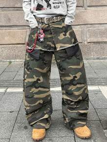 Manfinity EMRG 街头时尚迷彩小众设计双腰带口袋宽松阔腿牛仔裤 - 軍綠色 - 查看 3