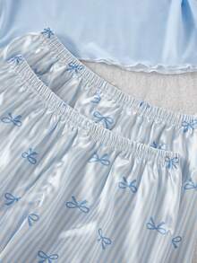 Pj Sets Tween Girls Silk  4-Piece Set - Blue White Bow Stripe Satin Silk Pajamas Set Bow Stripe Print Design Blue White Elegant Color Satin Silk Fabric Short Sleeve Shirt Camisole Shorts Pants 4-Piece Combo Social Media Style Elegant 2026 New Year Holiday Essential Teen Girls Satin Silk Home 4-Piece Set Light Blue Pj Set