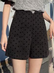 FRIFUL 女士高腰波点图案阔腿宽松时尚优雅短裤 - 黑色 - 查看 6