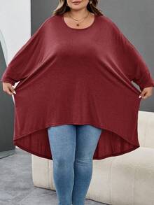 SHEIN CURVE+ 大码宽松蝙蝠袖下摆不对称前短后长T恤，圆领，纯色，弹力柔软，舒适百搭，时尚百搭，适合日常穿着，秋季女装，冬季，加大码/秋冬 - 中紫紅色 - 查看 5