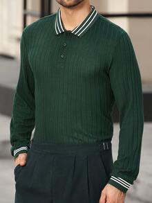 Manfinity Bizformal 男士秋季长袖Polo衫，男士绿色Polo衫，男士罗纹Polo衫，男士纽扣Polo衫，男士商务Polo衫，适合日常外出、朋友聚会、通勤，送给男友或丈夫的绝佳礼物 - 綠色 - 查看 3